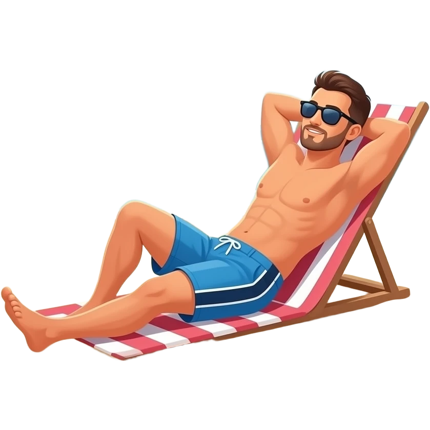 Mache ein Mann der sich am Strand in der Sonne in Badehose sonnt, er trägt eine Sonnenbrille und eine speedo und  im Hintergrund das Meer, Sand und Sonne. Mache es als Poster", "Square Image emoji