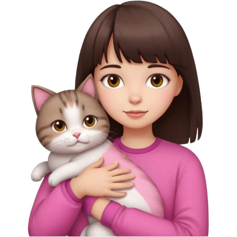 a cute white girl with bangs and straight dark brown hair, brown eye, light makeup wear a pink clothes hugs a cute chubby cat emoji