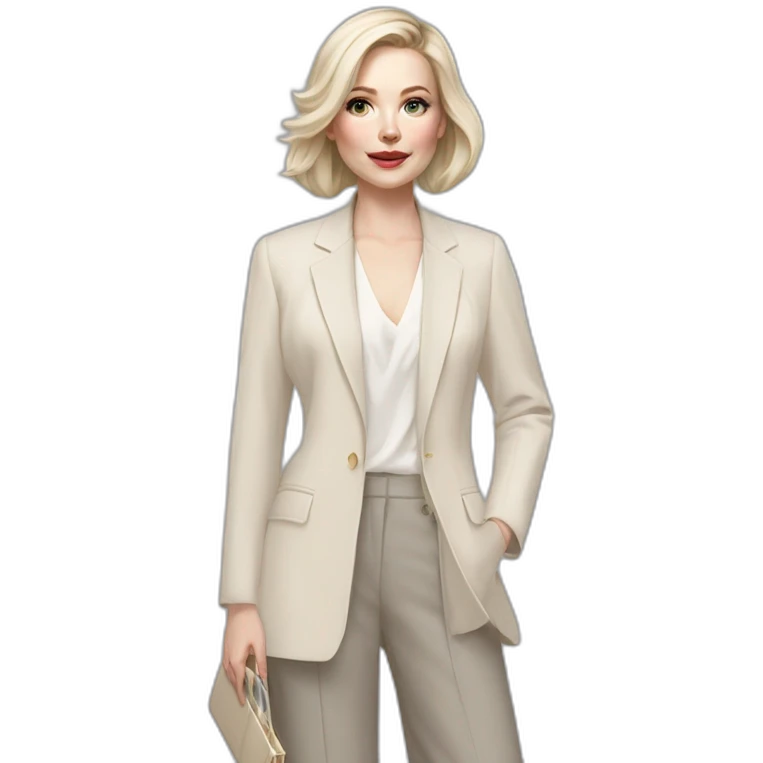 pale skin woman with ash blonde Straightened bob Hair, White Spacious classical jacket, beige palazzo Arrow pants and gray blouse holding a color palette in the hands emoji