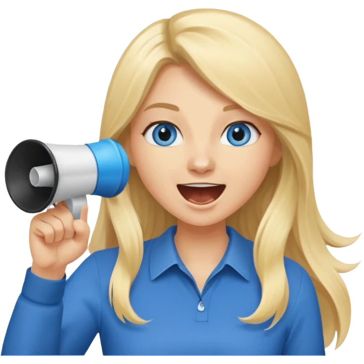  blue eyes blonde girl yelling into megaphone smiling long hair holding up finger emoji