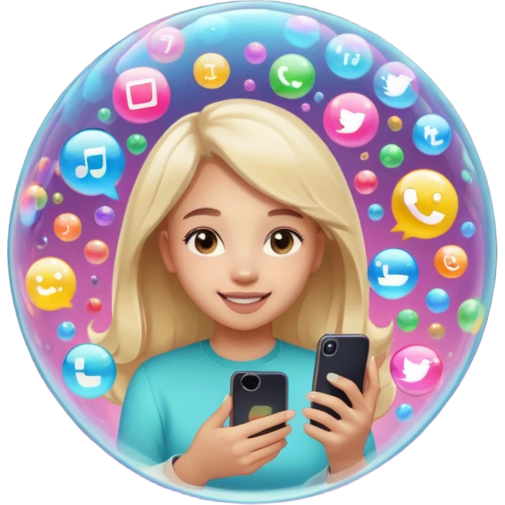 a girl inisde a buble watching her phone and put apps floading around do tik tok instagram and snapcjat emoji