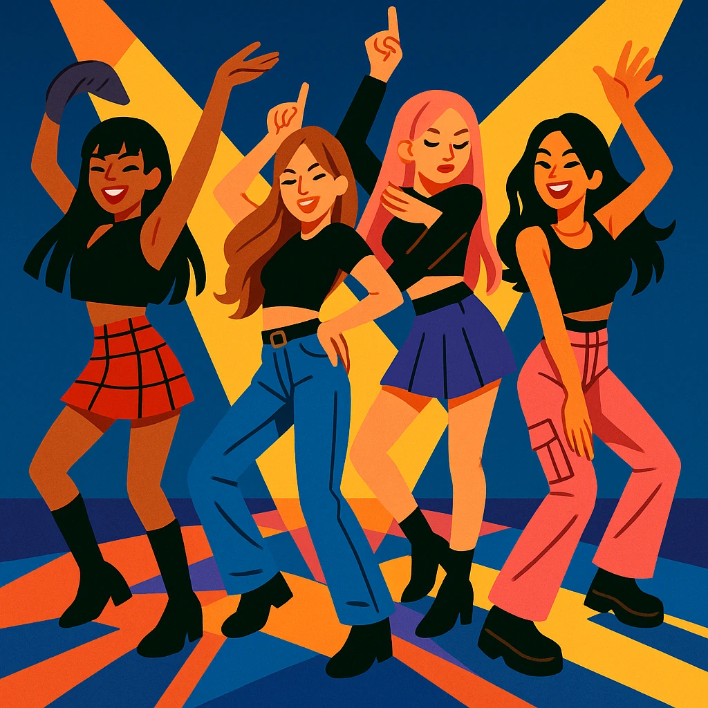 Blackpink K-pop idols, dynamic dance pose, trendy fashion, spotlight effect, energetic and stylish emoji