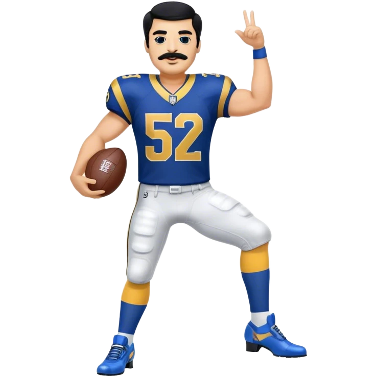 Chill guy in LA Rams jersey  with nu.ber 52. Black hair black mustache. Full body. Blue heels emoji
