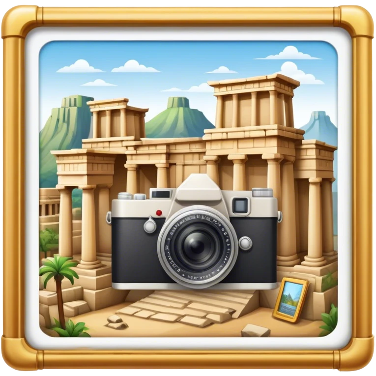 Icon for Historical and Cultural Tourism: iconic landmarks like ancient ruins, a museum and a historical monument, with a travel guidebook and camera. The icon should capture the exploration of history and culture. Transparent background. emoji
