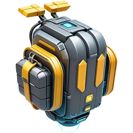 Clash of Clans aesthetic: Cinematic Playful 3D Isometric Jetpack Emoji, rendered in a 3D vector-style similar to standard emojis with minimal shading and bold, simplified shapes. A compact, distinct form with signature details, softly glowing with a futuristic sci-fi warfare charm. Simplified yet unmistakably iconic, highly detailed and consistent, glowing with a soft radiance and high shine. Stylized with a touch of high-tech brilliance and a soft glowing outline, capturing the essence of a beloved gaming relic with a friendly, playful manner! emoji