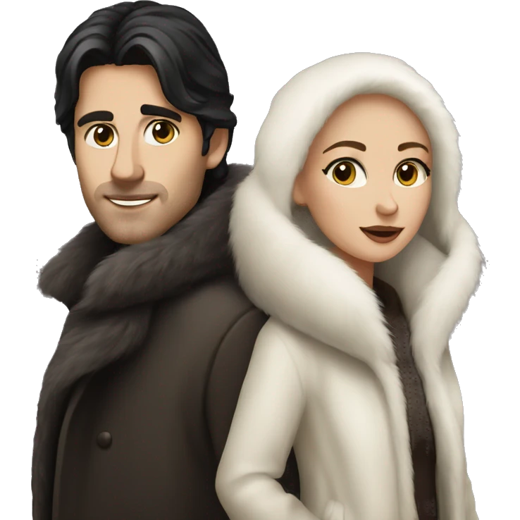 Dark haired White couple in long fur coats emoji