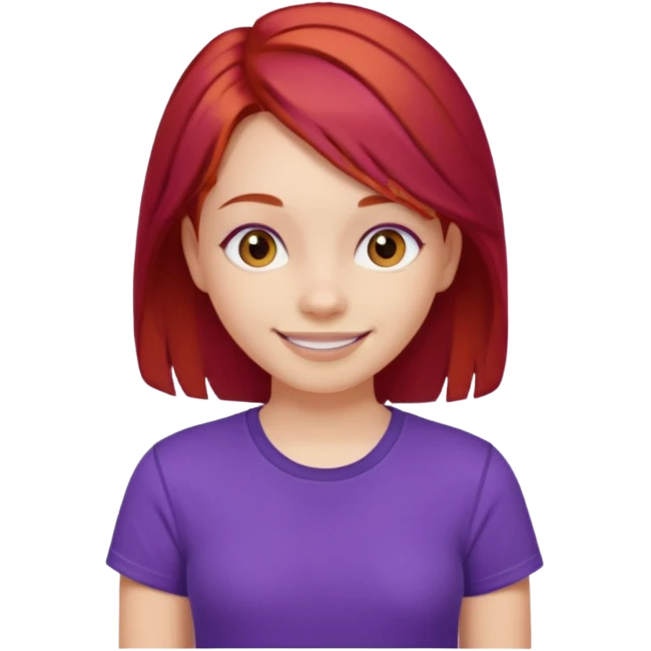 Young girl with red hair, wearing a purple T-shirt, with a smiling face emoji