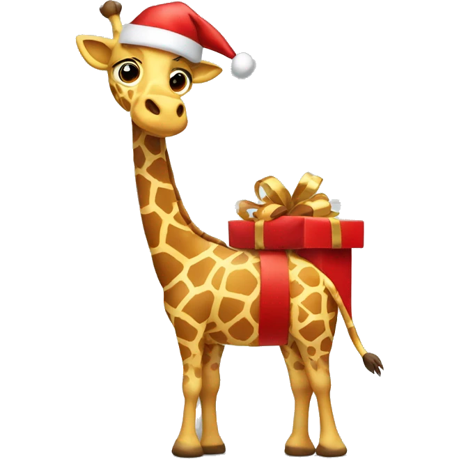 Giraffe wearing a Santa hat and scarf, holding a gift. emoji