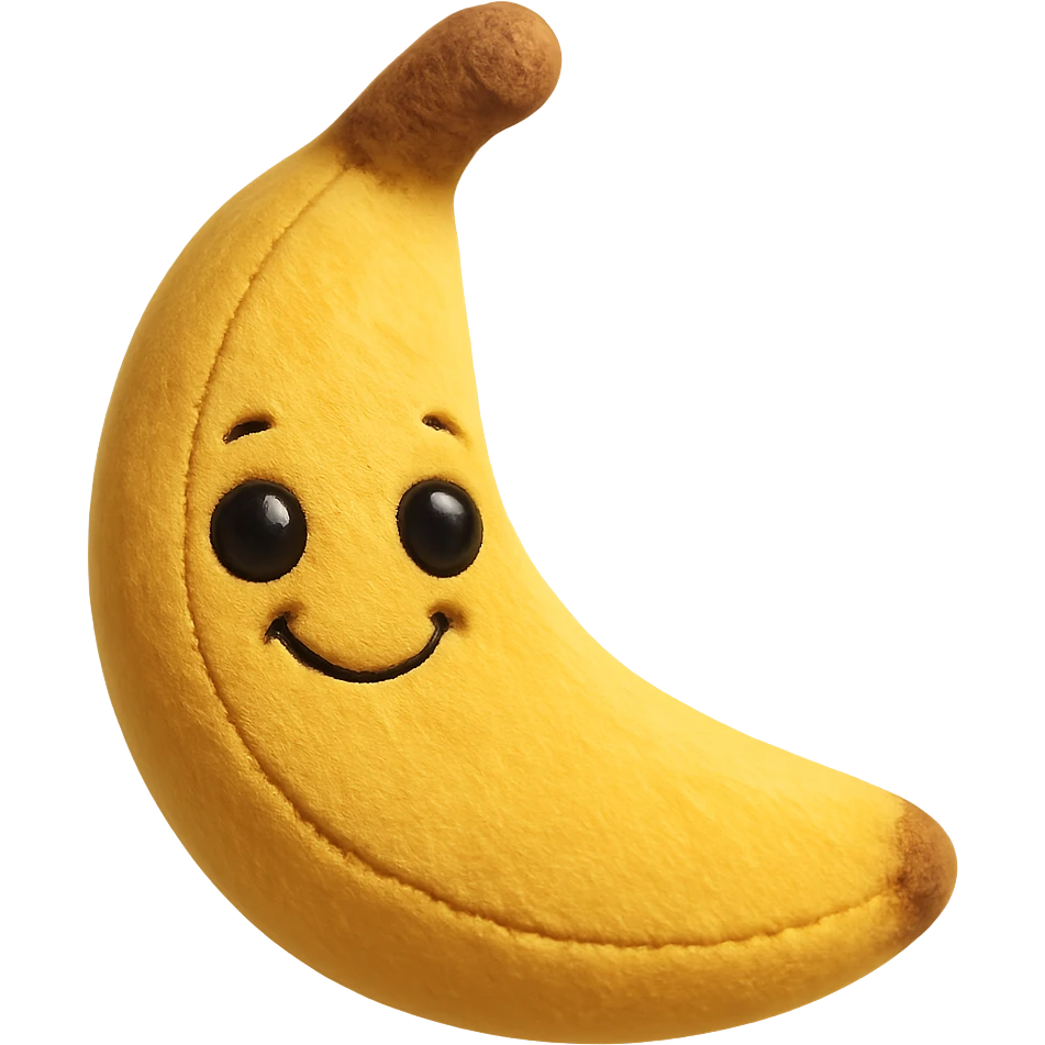 A smiling plush banana with expressive eyes and soft fabric texture. The banana has a gentle curve and subtle stitching details. emoji