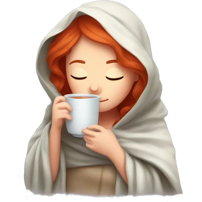 red hair girl wrapped in blanket drinking tea with eyes closed emoji