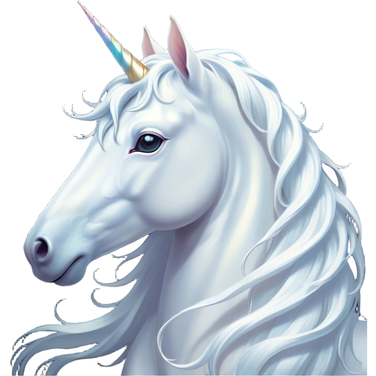 Cinematic Noble White Unicorn Portrait Emoji, Poised and regal, with a slender, ethereal form draped in a pristine white color, a flowing mane and tail, and a glistening, spiraled horn that radiates pure light, Simplified yet sharp and sophisticated features, highly detailed, glowing with a soft, iridescent luminescence, high shine, intelligent and transcendent, stylized with an air of mythical enchantment, focused and serene, soft glowing outline, capturing the essence of a watchful and confident white unicorn that appears ready to prance out of the screen with magical grace! emoji
