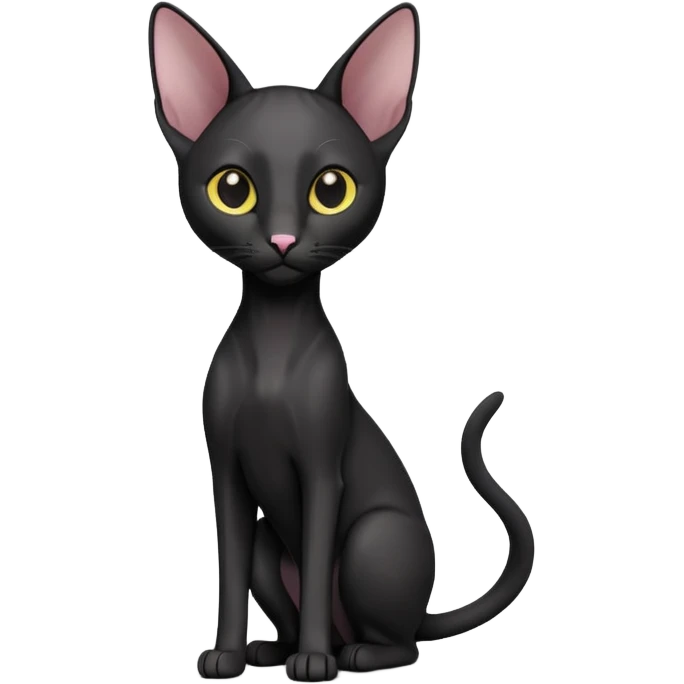 A 3D cartoon black Oriental Shorthair cat with sleek body, tall ears, reflective fur, dark cinematic background, Memoji-style. full body or half body. emoji