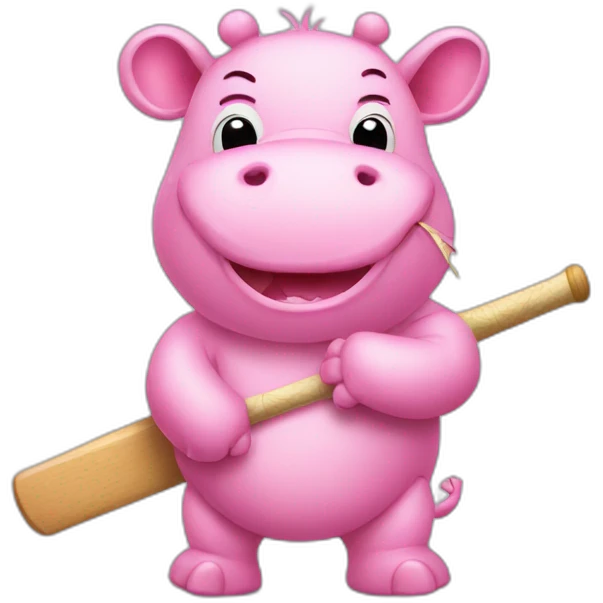cute pink hippo with a cricket bat emoji