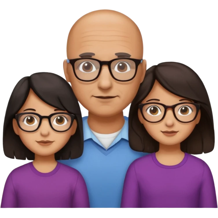 Papà calvo con occhiali, mamma capelli neri occhi marroni no occhiali, figlia capelli marroni mossi e occhiali tartarugati con montatura spessa occhi marroni, figlia capelli lisci marroni occhiali neri con montatura grande e fina occhi marroni  emoji