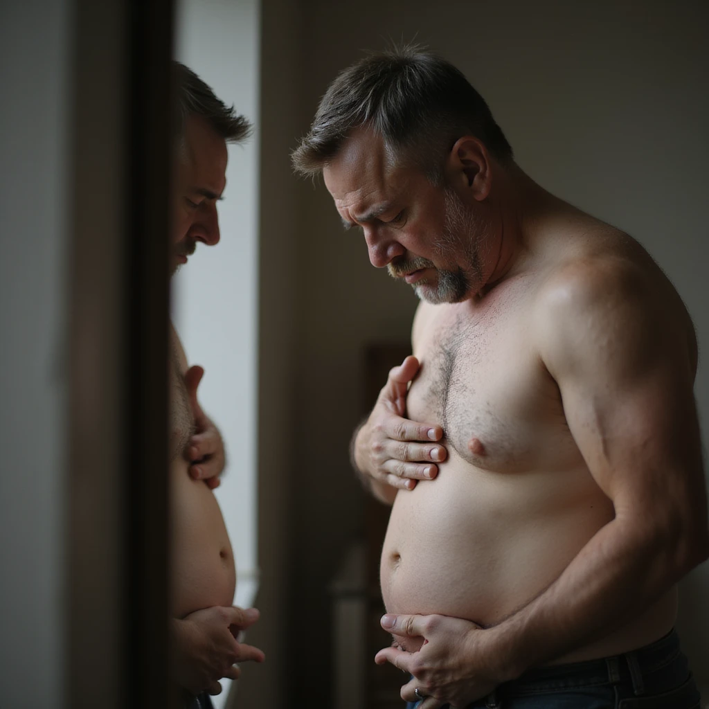 realistic 4K man looking at his belly in the mirror with a frustrated expression, squeezing it with one hand emoji