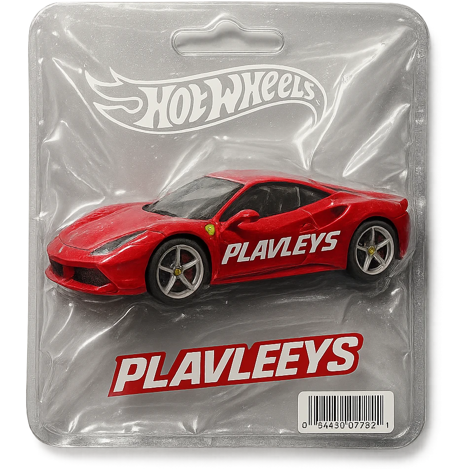 red Ferrari car with the word 'PLAVLEYS' in racing style lettering on the side, inside a Hot Wheels blister package, glossy and puffy, vacuum-sealed style emoji