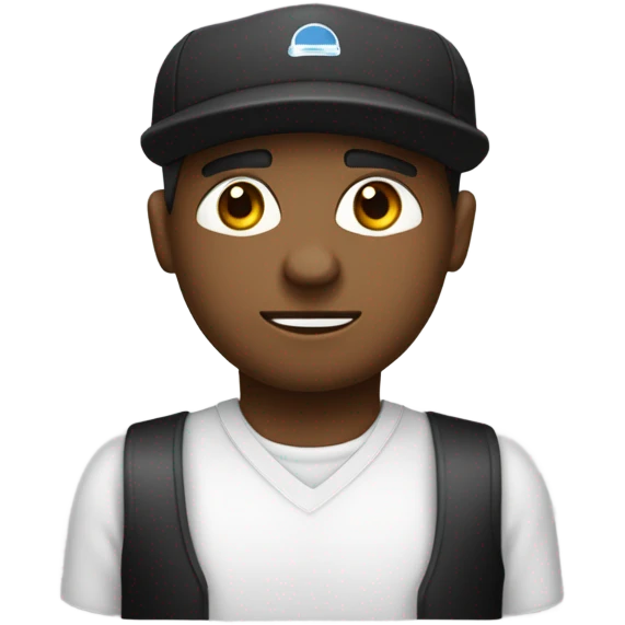 Un hombre de cabello negro, ojos negros con camisa blanca y gorra blanca. Está escribiendo un mensaje en su computadora portátil. emoji