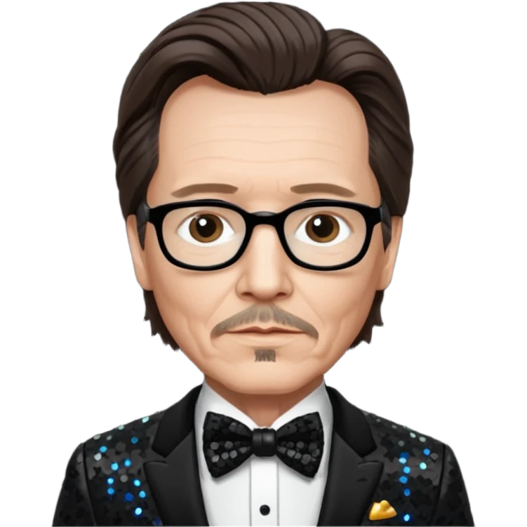 Gary Oldman with dark brown hair hair, black sequin suit with bow tie emoji