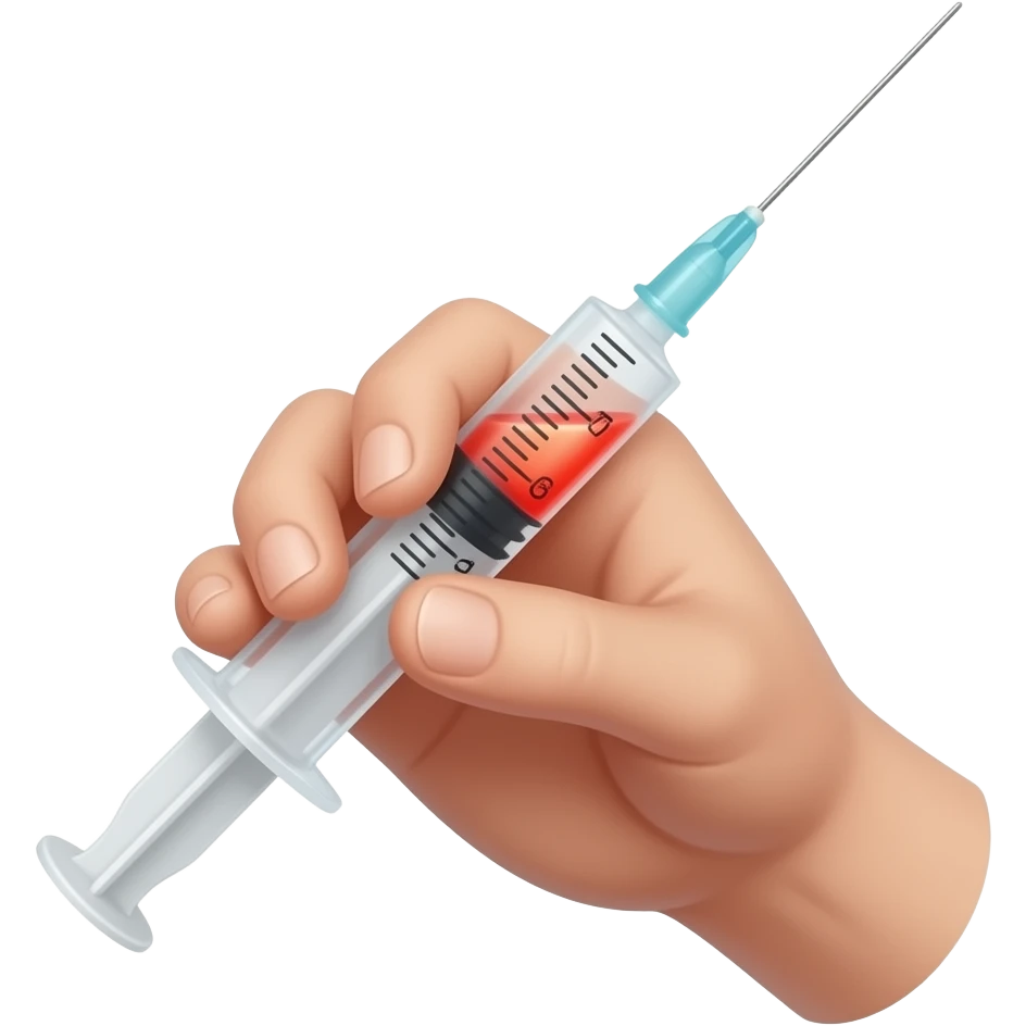 A dainty male hand holding a syringe with glowing neon-red-blue liquid inside emoji