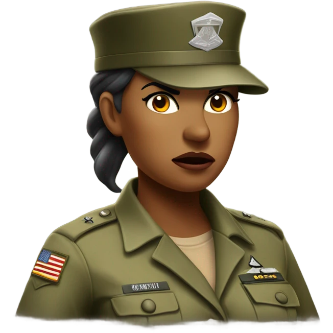 a female drill sergeant showing full torso wearing a classic sergeant hat and a camouflage army shirt. The character should have an angry intense expression.  emoji