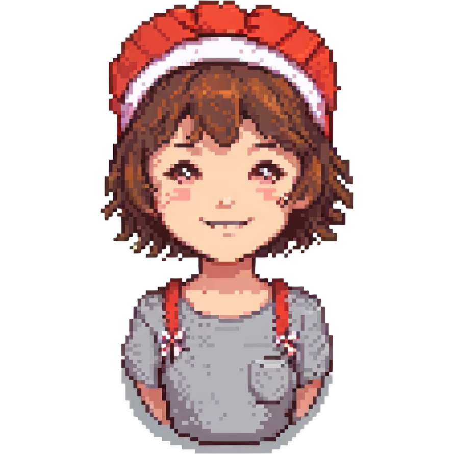 girl with short brown hair and a red headband, pixel art style, smiling emoji