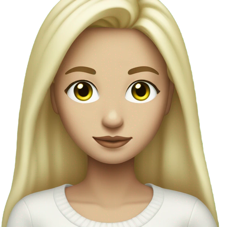blonde girl with green eyes, smooth skin, white sweater, long blow out hair, baddie, middle part emoji