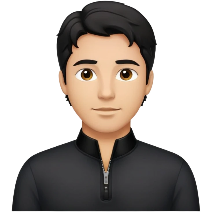 Man with wavy black hair in comfortable black zippered collar shirt, regular fit not tight emoji