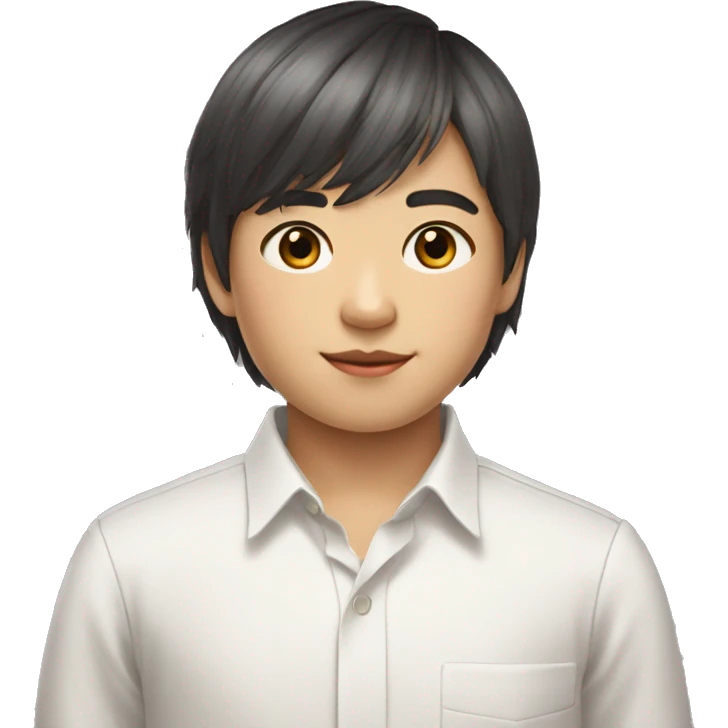11 year old chinese BOY with curtain bangs and gray eyes and white formal shirt with long sleevesand a book emoji