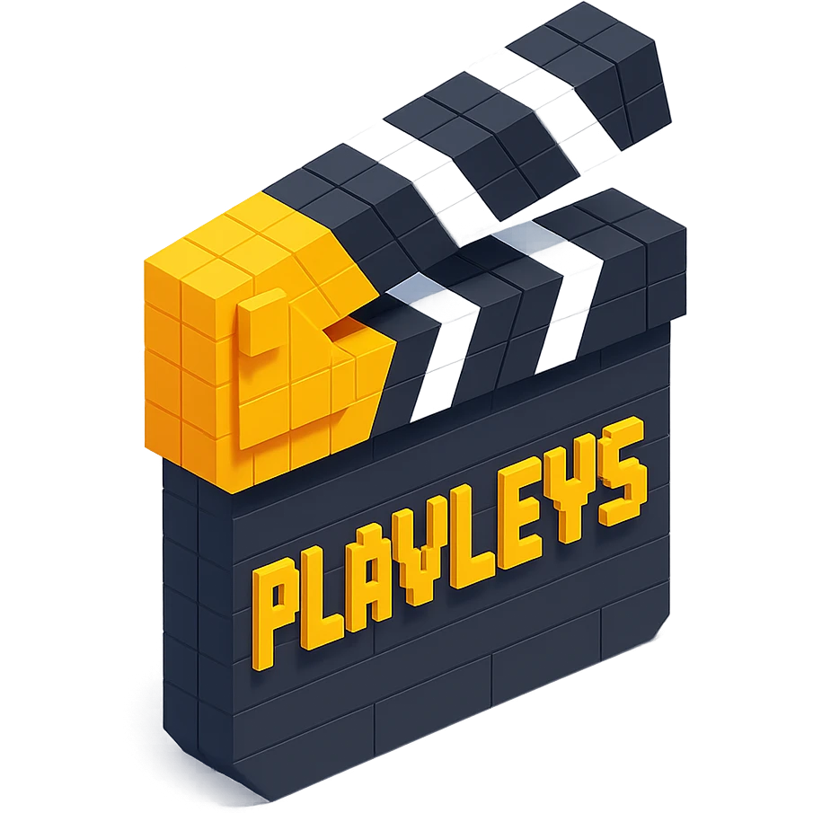 voxel style movie clapperboard with the text 'PLAVLEYS', gold lid, black and white stripes, isometric view emoji
