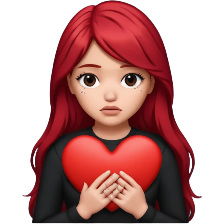 A Kylie Jenner with long red hair is sad and holds a black heart in her hands emoji