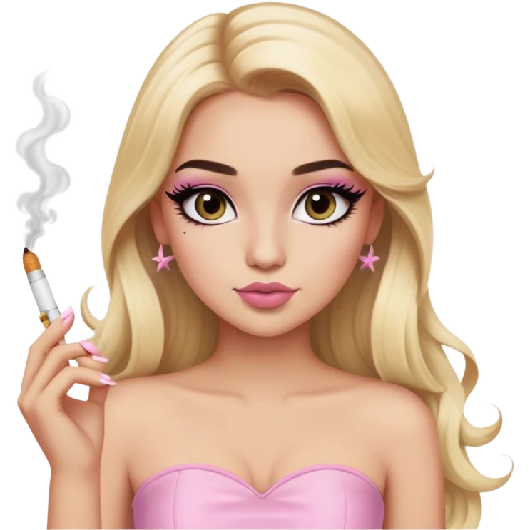 blonde long hair gorgeous girl with latina makeup holding a cigarette winged eyeliner big lashes light pink tube top emoji
