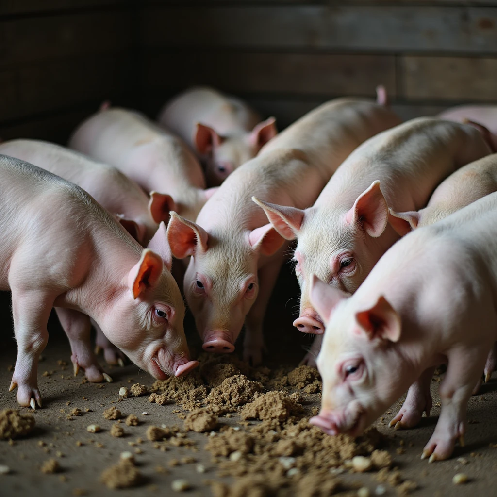 group of pigs in a barn, some eating food leftovers and others approaching feces, traditional farming atmosphere, realistic details, 4K quality emoji