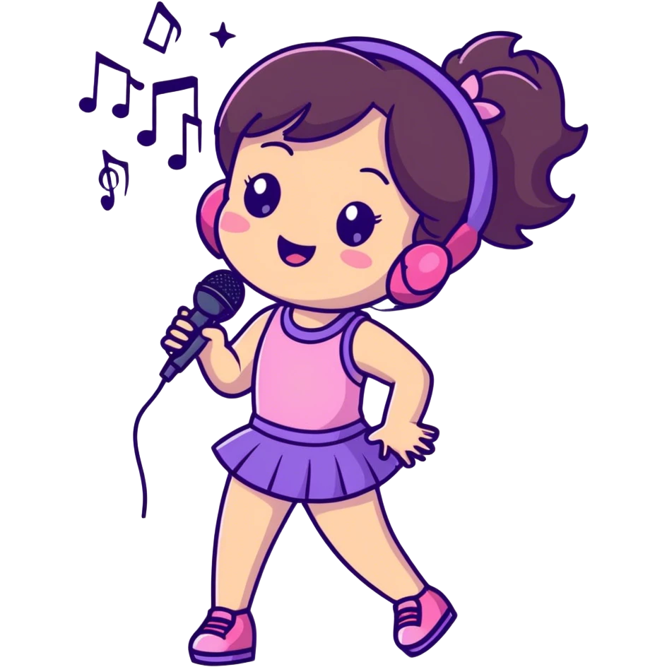 Cute Little brunette girl singing into a microphone and dancing while wearing pink and purple and sparkles  emoji