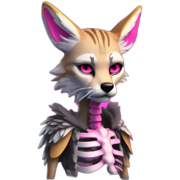 Coyote ocelot standing with grey and black fur and phoenix wings on back and pink ears half skeleton injured nose and face, neon lights emoji