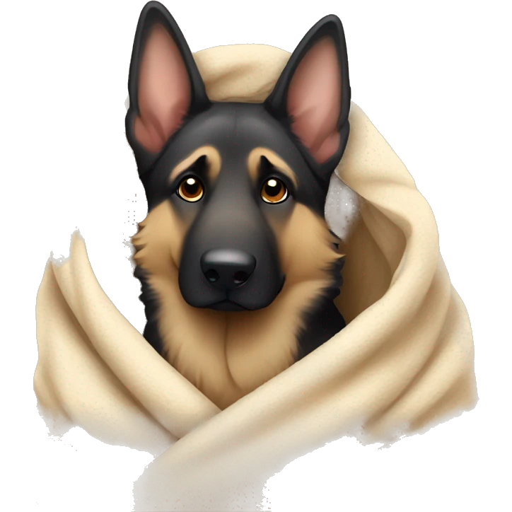 A fluffy German Shepherd wrapped in a blanket with a tender look emoji