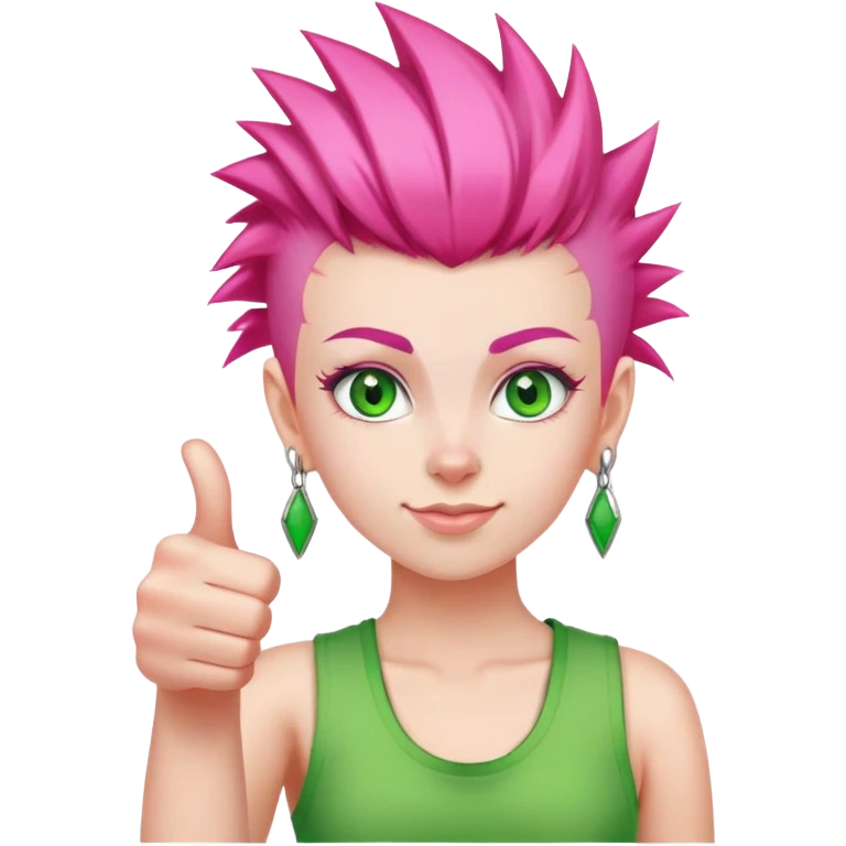 girl with pink mohawk, green eyes, giving a thumbs up emoji