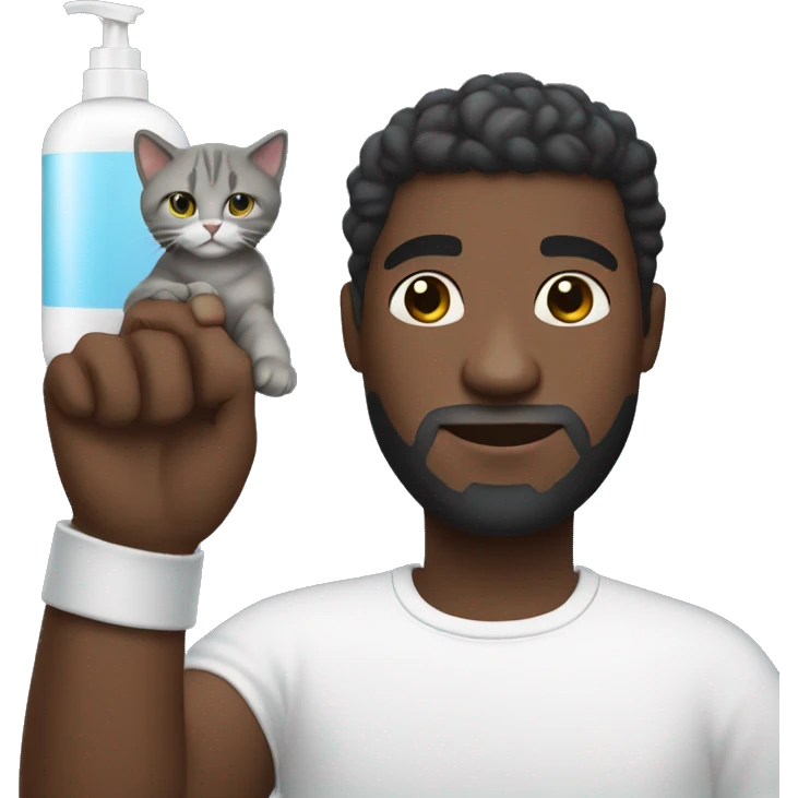 big black guy holding a cat in his right arm and a shampoo bottle in his left hand  emoji