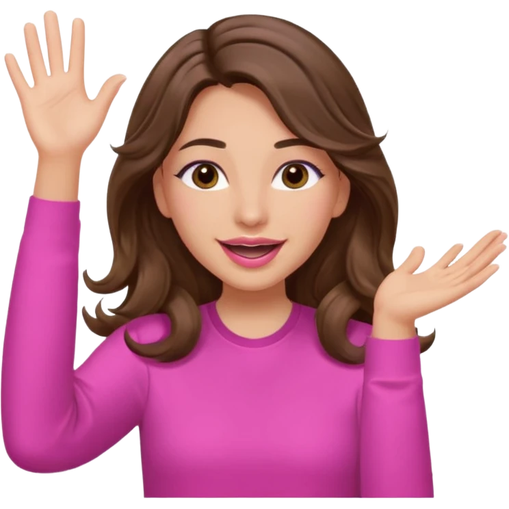 girl with long wavy brown hair, brown eyes, light to medium complexion, in a pink shirt, pink lips, long lashes, puckered lips, both hands in the air cheering emoji