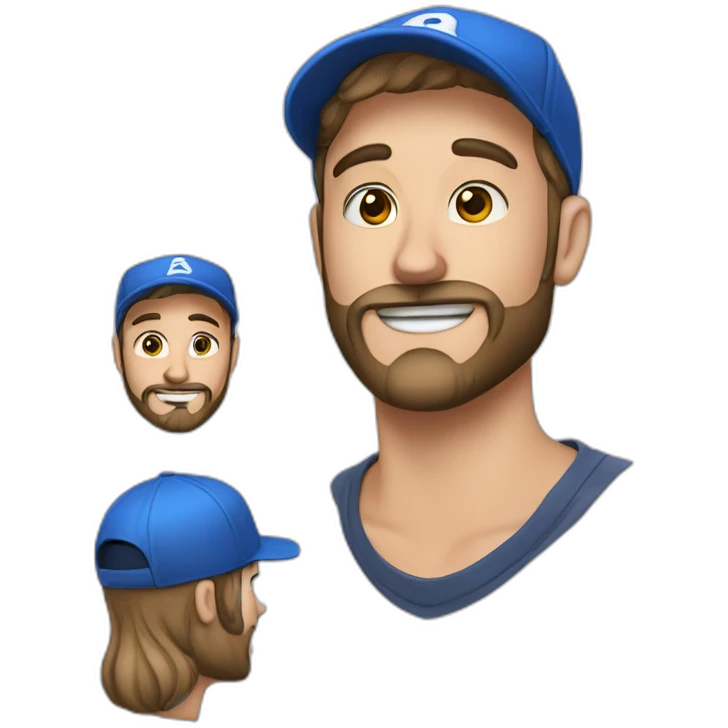 a handsome bearded man in a blue cap and with a piercing in the nose wing is grinning emoji