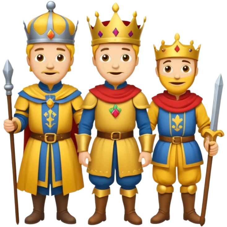 fait moi un Roi 1 Connétable un Chevalier un paysan et un Bouffon avec le style graphique cartoon et personnage jaune emoji