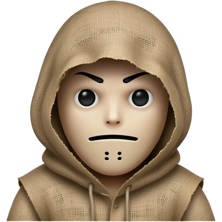 creepy sinister man with burlap sack over head, dark atmosphere, menacing stance emoji