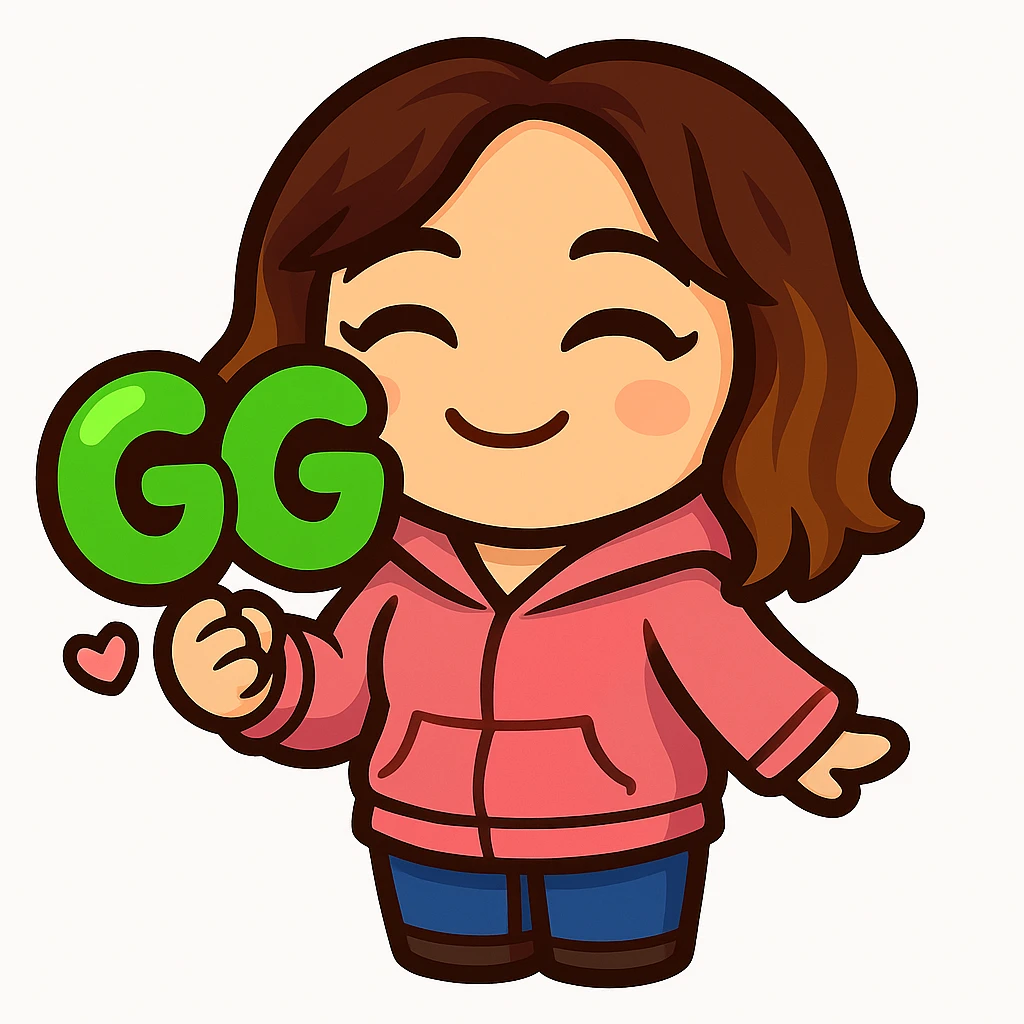 Sticker style chibi emote, matching the attached green heart emote as a base. Woman from reference, pink hoodie and blue jeans, holding a large, bubbly 'GG' sign with hearts, cute happy face, no headband, no wand, transparent background. Top color should not match jeans. emoji