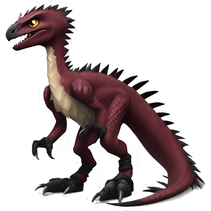 Maroon edgy badass modern sexy handsome punk velociraptor-dragon-Digimon, with black spiky mane, full body emoji