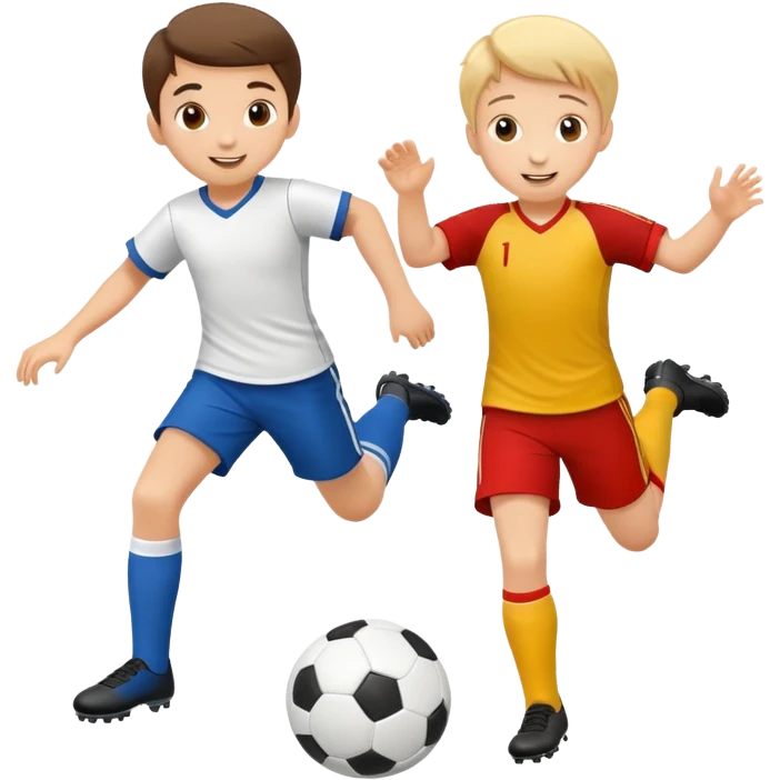 two children playing soccer, one kicking the ball, happy and playful emoji