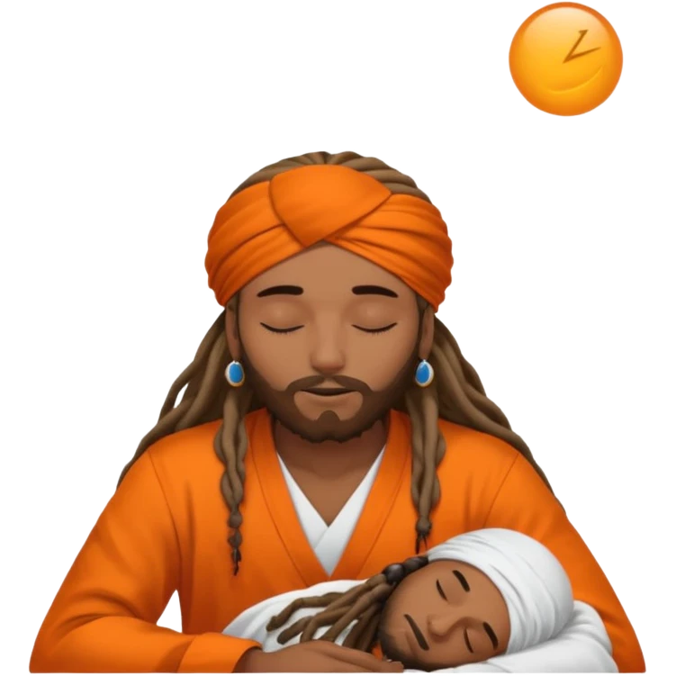 Brownskin man with long dreadlocks add a white turban on his head orange shirt sleeping with zzz above his head emoji