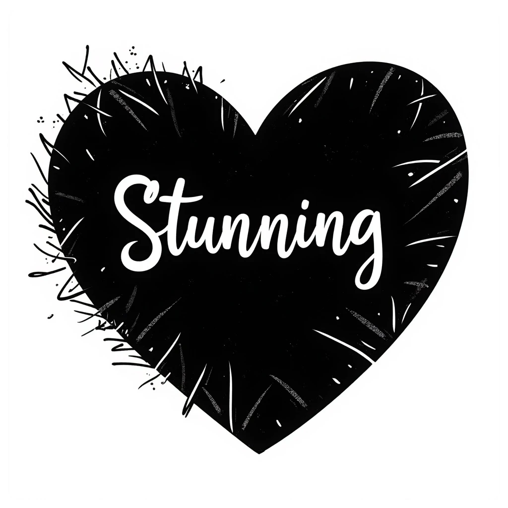 black heart with the word 'Stunning' in handwriting over it, chaotic doodle style, only black, text included emoji