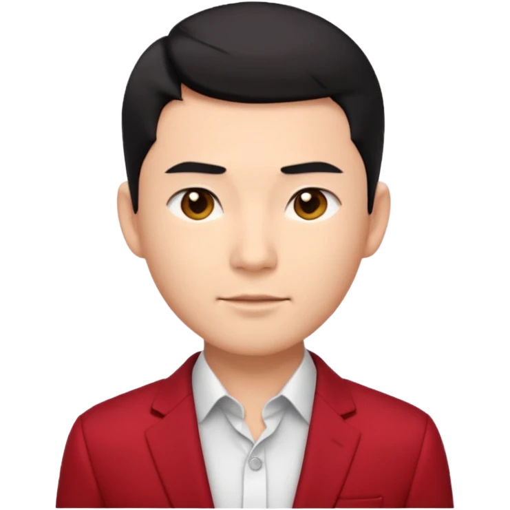 cool handsome Asian man emoji, short black hair styled with exposed forehead, natural slick hairstyle, sharp facial features, fair skin, confident eyes, subtle smirk, wearing dark red suit and white shirt with top buttons undone emoji