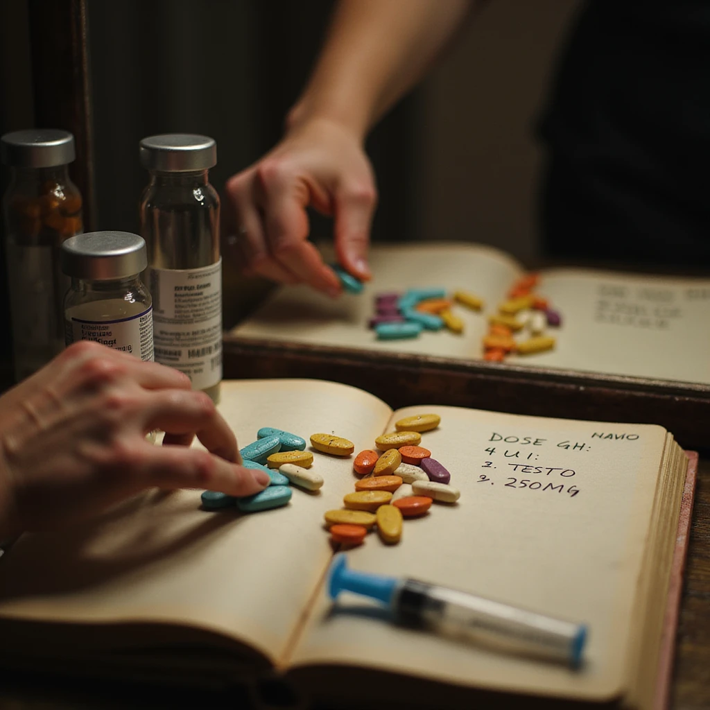 realistic scene in front of mirror preparing evening dose of medicines: colorful pills, ready syringes, diary with Italian notes 'dose GH: 4 UI', 'testo: 250 mg', evening atmosphere emoji