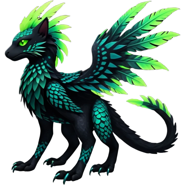 Black Dark Exotic Tropical Beaked Feathery Nocturnal Neon-glowing Abyssal Nightly Abyss-Cat-Gryphon-Salandit-Silvally-Fakémon Creature (full body) emoji