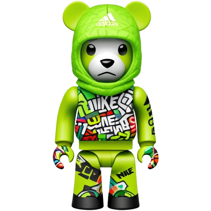 geometric bearbrick toy wearing a lime green balaclava completely covered with chaotic streetwear brand logos, graffiti-style tags, Nike, Adidas, Supreme, Off-White all mixed together in urban style, aggressive look emoji